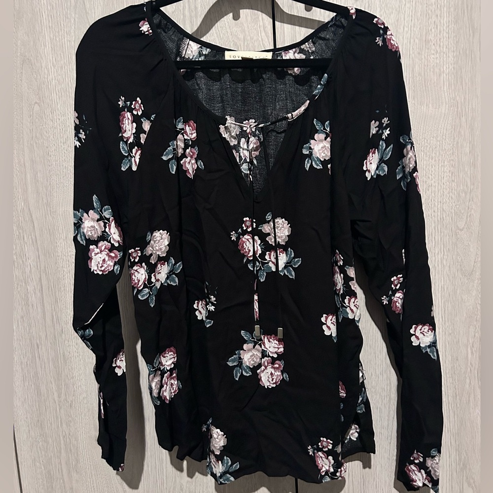 Lovestitch Black Pink Floral Boho Split V-Neck Peasant Blouse Large